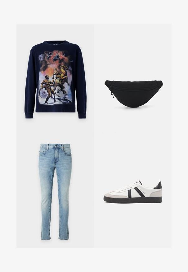 Marineblauw langemouwen t-shirt met een vintage Star Wars grafische illustratie, die personages en een wezen op een besneeuwd landschap toont.; Lichtblauwe denim jeans met een slim fit, voorzien van vijf zakken, een ritssluiting en subtiele vervaging langs de benen. Rechte zoom bij de enkel.; Witte sneaker met zwarte en grijze accenten, voorzien van een grijze neus met textuur, zwarte rubberen zool en platte witte veters. Schoon ontwerp, minimalistische stijl.; Zwarte stof heuptas met een afgeronde vorm, voorzak met rits en een gladde textuur. Geen zichtbare patronen of accenten. Lichtgewicht ontwerp.