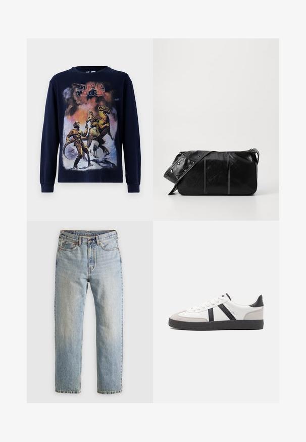 Tricou cu mâneci lungi de culoare bleumarin, având o ilustrație grafică vintage din Star Wars, care prezintă personaje și o creatură pe un peisaj înzăpezit.; Jeans din denim de culoare albastru deschis, cu talie înaltă, nasture frontal, fermoar și design cu cinci buzunare, așezate platesc pe un fundal neutru.; Sneaker alb cu accente negre și gri, având un capac de vârf gri texturat, talpă din cauciuc negru și șireturi plate albe. Design elegant, stil minimalist.; Geantă de umăr din piele neagră cu închidere cu fermoar, având un corp texturat, cusături albe și o curea cu ochiuri argintii.