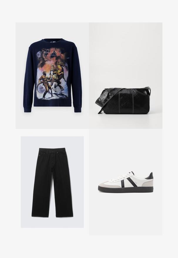 Tumesinine pikkade varrukatega T-särk, millel on vintage Star Warsi graafiline illustreerimine, kus on kujutatud tegelasi ja olendit lumisel maastikul.; Mustad mustad püksid, mis on valmistatud denimist, klassikalise viie tasku kujundusega ja struktureeritud vöökohaga, kus on vööaasad.; Valged tossud mustade ja hallide aktsentidega, tekstureeritud halli varbakattega, musta kummitald ja lamedad valged paelad. Puhtad jooned, minimalistlik stiil.; Must mustra nahkainine õlakott, millel on tõmblukk, tekstureeritud pind, valged õmblused ja rihm hõbedaste rõngastega.