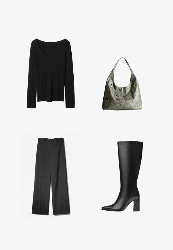 Haut noir à manches longues avec un large décolleté arrondi, fabriqué en tissu doux et extensible. Il présente une texture lisse et un design simple sans motifs.; Pantalons larges gris avec un design ajusté, dotés d'un zip et d'une fermeture bouton, et d'une texture subtile. Aucun motif ou accent visible.; Bottine noire montante en simili cuir avec un bout pointu, texture lisse et un talon large. Design minimaliste sans accents visibles.; Sac à main en cuir vert olive au design décontracté, avec des découpes circulaires de différentes tailles et des accents dans des teintes plus sombres et plus claires.