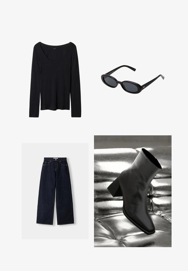Schwarzes langärmeliges Oberteil mit weitem Rundhalsausschnitt, aus weichem, elastischem Stoff gefertigt. Verfügt über eine glatte Textur und ein einfaches Design ohne Muster.; Dunkelblaue, weite Jeans mit hoher Taille, fünf Taschen, Kontrastnähten und silbernem Metallzubehör. Glatte Textur und saubere Verarbeitung.; Schwarzer Knöchelstiefel aus glänzendem Material mit quadratischer Zehenform und verjüngtem Absatz, vor einem glänzenden silbernen gepolsterten Hintergrund.; Schwarze, oversized Sonnenbrillen mit ovalen Gläsern, glattem Kunststoffrahmen und goldenen Akzenten an den Bügeln. Die dunklen Gläser bieten Sonnenschutz.