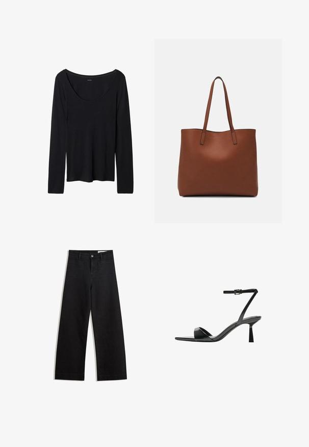 Schwarzes langärmeliges Oberteil mit weitem Rundhalsausschnitt, aus weichem, elastischem Stoff gefertigt. Verfügt über eine glatte Textur und ein einfaches Design ohne Muster.; Schwarze weit geschnittene Jeans mit hoher Taille, ausgestattet mit Vorder- und Hintertaschen, gesteppten Nähten und einem Knopfverschluss. Glatte Textur.; Bershka High Heel Sandalette - black; Braune Leder-Tote mit glatter Textur, offenem Oberteil und zwei Schulterriemen. Verfügt über minimale Nähte und keine sichtbaren Beschläge.