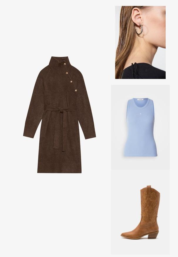 Lyseblå ribbet tanktop med rund halsudskæring og ærmeløs design. Har et lille hvidt logo foran. Glat tekstur.; Brun strikket sweaterkjole med høj ribbet krave, sidelukning og en matchende stofbælte. Ribbet manchetter og søm tilføjer tekstur.; Tan læder cowboystøvle med spids tå, broderede svirvelmønstre på skaftet og en stablet blokhæl. Har en træksløjfe for nem af/på.; Sølv hoop ørestik med en poleret overflade, prydet med små guld accenter og en rund form, båret på øreflippen.