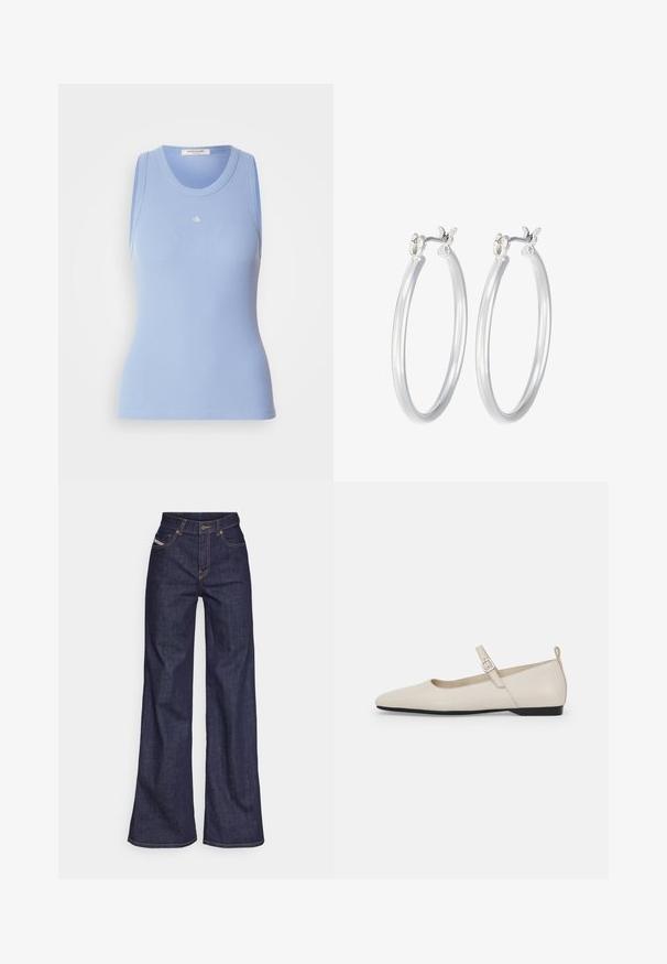 Gaiši zils ribots bezpiedurkņu krekls ar noapaļotu kakla līniju. Priekšpusē ir neliels balts logotips. Gluda tekstūra.; Tumši zili platleņķa džinsi no denima auduma ar augstu jostasvietu, ar oranžām šuvēm, piecu kabatu dizainu un pogu aizdari.; Baltās ādas Mary Jane kurpes ar smailu purngalu, sānu sprādzi un zemu melnu papēdi. Gluda tekstūra un minimālisma dizains.; Sudraba riņķveida auss gredzeni ar gludu, pulētu apdari. Apaļa forma un drošs klikšķa augšējais slēgums. Viegls dizains, kas piemērots ikdienas valkāšanai.