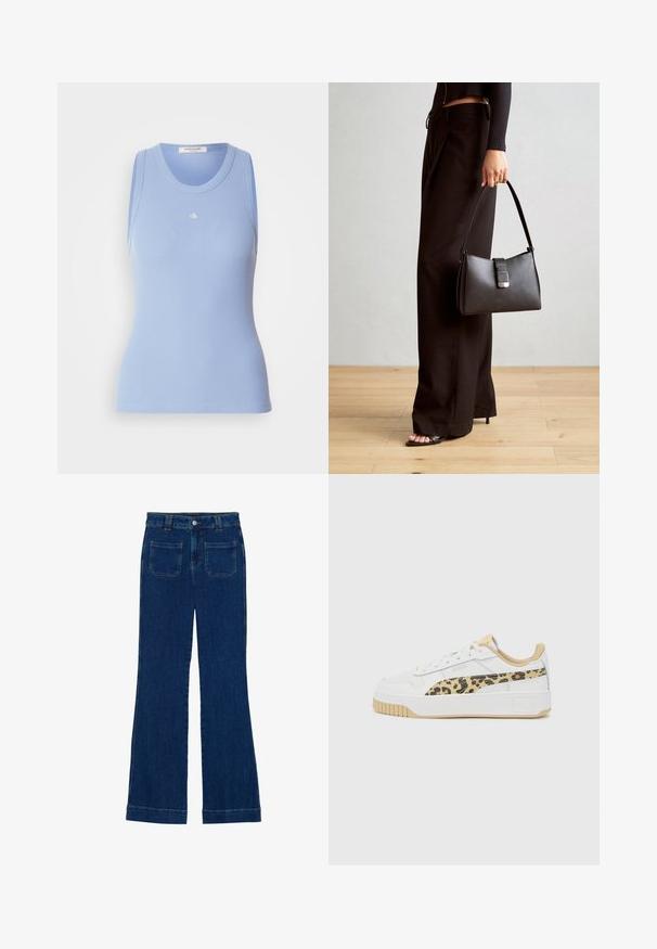 Top sin mangas de canalé azul claro con un escote redondeado. Presenta un pequeño logo blanco en la parte frontal. Textura suave.; Vaqueros de campana de mezclilla en azul oscuro con una textura suave, diseño de cinco bolsillos y cierre de botón en la cintura.; Zapatillas blancas con panel lateral de leopardo, acentos en beige, suela de goma y material de cuero texturizado. Cierre con cordones.; Bolso negro con forma estructurada, textura suave y un cierre metálico. Combinado con pantalones anchos negros y sandalias de dedo en un suelo de madera.