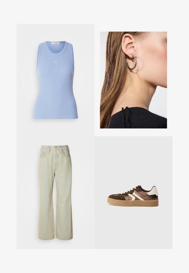 Lyseblå ribbet tanktop med rund halsudskæring og ærmeløs design. Har et lille hvidt logo foran. Glat tekstur.; Lysblå, brede bukser i denim med høj talje, fem lommer og diskret falmning med kontraststikninger.; Brune og creme sneakers med en kombination af ruskind og satin materialer, der har tre diagonale striber og en struktureret gummisål.; Sølv hoop ørestik med en poleret overflade, prydet med små guld accenter og en rund form, båret på øreflippen.