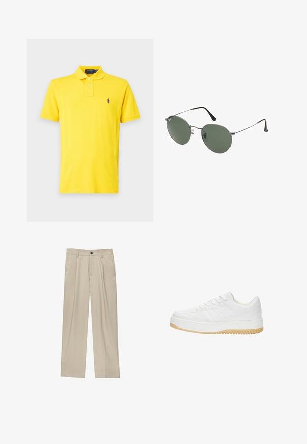 Polo Ralph Lauren THE ICONIC MESH POLO SHIRT
 - Polo majica - lemon rind; Bež hlače ravnega kroja, z enim črnim gumbom, zanke za pas in stranskimi žepi. Gladka tekstura tkanine in minimalističen dizajn.; Beletena usnjena športna obutev z teksturiranim zaključkom, ki vsebuje gumijast podplat, vezalni dizajn in subtilne črtne akcentne na straneh.; Sončna očala z ovalnimi zelenimi lečami v kovinskem okvirju. Tanjši srebrni kovinski okvir in črne ušesne konice. Minimalistična zasnova, brez vidnih logotipov.