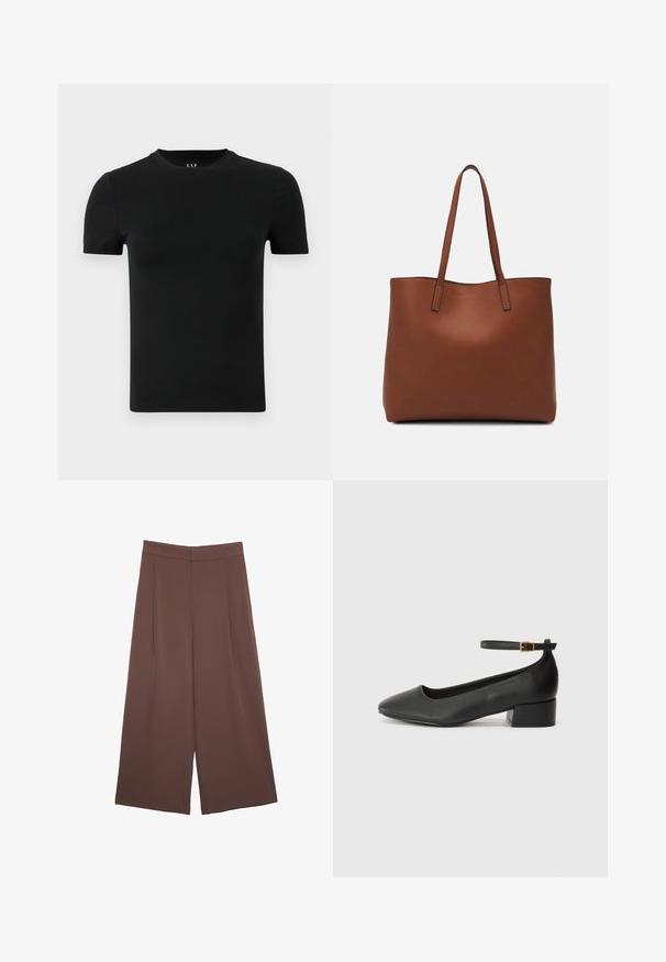 Čierne tričko s krátkym rukávom vyrobené z mäkkej bavlnenej látky. Má okrúhly výstrih a jednoduchý, bezšvový dizajn bez vzorov alebo akcentov.; Hnedé nohavice so širokými nohavicami a hladkou textúrou, s vysokým pásom a prednými skladmi. Tkanina je ľahká a voľne sa pohybuje.; Čierne kožené lodičky s špicatou špičkou a nízkym blokovým podpätkom. Obsahuje remienok okolo členka so zlatým prackou. Hladký povrch.; Hnedá kožená taška na rameno s hladkou textúrou, otvoreným vrchom a dvoma ramenými popruhmi. Má minimálne šitia a žiadne viditeľné kovania.