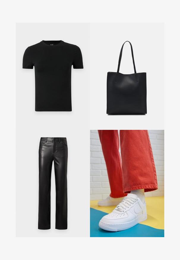 Čierne tričko s krátkym rukávom vyrobené z mäkkej bavlnenej látky. Má okrúhly výstrih a jednoduchý, bezšvový dizajn bez vzorov alebo akcentov.; Čierne kožené nohavice so štandardným strihom, s uzáverom na gombík a prednými vreckami. Hladký povrch s jemnými detailmi šitia.; Biele kožené tenisky s perforovanou špičkou, textúrovanou podrážkou a bielymi šnúrkami, spárované so širokými červenými nohavicami na modrom a žltom pozadí.; Čierna kožená taška na rameno s hladkým povrchom, obdĺžnikovým tvarom a dvoma dlhými uchami. Bez viditeľného kovania alebo ozdôb.
