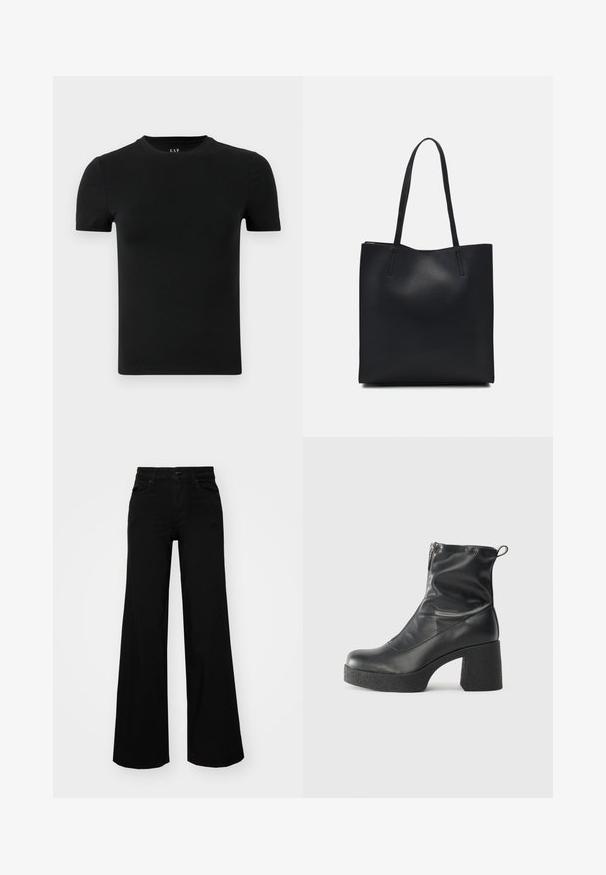 Czarna koszulka z krótkim rękawem wykonana z miękkiej bawełny. Posiada okrągły dekolt oraz prosty, bezszwowy design bez wzorów i akcentów.; Czarne szerokie spodnie dżinsowe z usztywnionym pasem, szlufkami na pasek i kieszeniami z przodu. Gładka faktura o klasycznym fasonie.; Czarne botki za kostkę wykonane z gładkiej skóry, wyposażone w boczny zamek błyskawiczny, masywny teksturowany obcas oraz zaokrąglony czubek.; Czarna skórzana torba tote o gładkiej fakturze, prostokątnym kształcie i dwóch długich uchwytach. Brak widocznych elementów metalowych i ozdób.