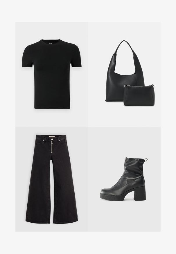 Crna kratka majica s kratkim rukavima, napravljena od mekanog pamučnog materijala. Ima okrugli izrez i jednostavan, besprijekoran dizajn bez uzoraka ili akcenta.; Široke traperice od crnog denima s prednjim zatvaračem, dizajnom s pet džepova i suptilnim detaljima šivanja. Glatka tekstura i ležeran stil.; Crne gležnjače od glatke kože, s bočnim zatvaračem, debelim teksturiranim potplatom i dizajnom s zaobljenim prstima.; Even&Odd Ručna torba - black