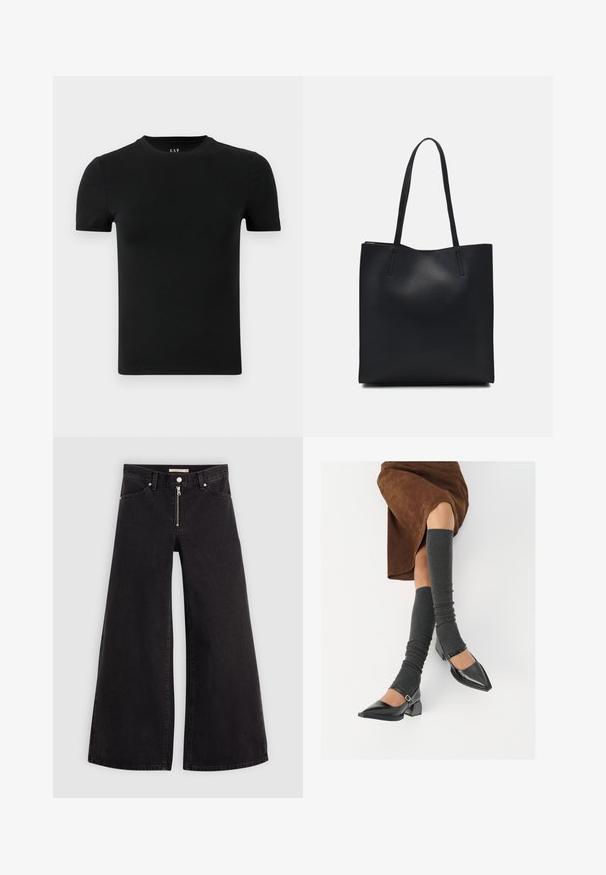 Camiseta negra de manga corta hecha de suave tejido de algodón. Presenta un escote redondo y un diseño simple y sin costuras, sin patrones ni acentos.; Jeans de pierna ancha en denim negro con cierre frontal, diseño de cinco bolsillos y detalles de costura sutiles. Textura suave y estilo casual.; Zapatos de charol negros con punta afilada, tacón bloque y tira de tobillo, combinados con calentadores de piernas de canalé grises y una falda de ante marrón.; Bolso tote de cuero negro con textura lisa, forma rectangular y dos asas largas. Sin herrajes ni adornos visibles.