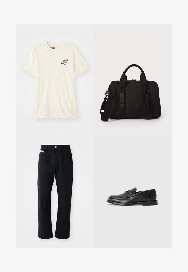 Tricou din bumbac de culoare crem, cu decolteu rotund și mâneci scurte. Prezintă un mic logo negru și puncte colorate pe partea stângă a pieptului.; Pantaloni negri din bumbac cu un design drept al piciorului, cinci buzunare, detalii metalice argintii și un finisaj texturat subtil.; Loafers din piele neagră au un vârf rotunjit, detalii cusute și un mic accent auriu în față. Talpa este plată și discretă.; Sac textil negru cu mânere duale și curea de umăr detașabilă. Prezintă un logo embosat și o etichetă din piele. Textură netedă, formă dreptunghiulară.