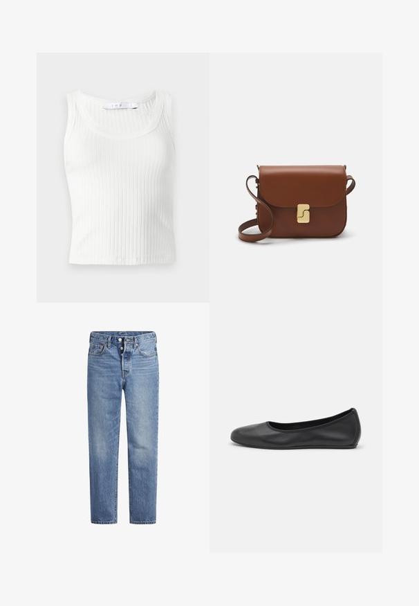 Iro EMMA - Top - white; Jeans in denim blu chiaro con taglio dritto, design a cinque tasche e chiusura con bottone. Presentano una leggera sbiaditura e dettagli in cucitura arancione.; Pantofole da balletto nere in pelle con punta arrotondata, texture liscia, dettagli di cucitura minimi e design con suola flessibile.; Borsa a tracolla in pelle marrone con chiusura a pattina, hardware color oro, tracolla e una finitura liscia. Forma rettangolare compatta.