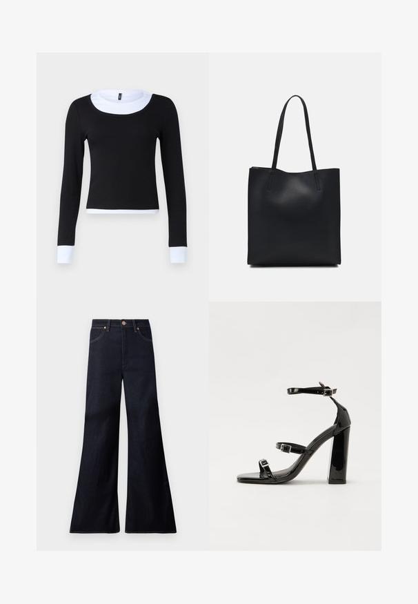 Fekete, hosszú ujjú, bordás textúrájú felső, fehér kerek nyakkal és mandzsettával. A dizájn testhez simuló és deréknál cropped fazonú.; Sötétkék, bő szabású farmernadrág. Jellemzői közé tartozik az elöl gombos záródás, réz kiegészítők, és a kontrasztos öltések az varratok mentén.; Fekete lakk magas sarkú szandál négyzet alakú orral, bokapántokkal és ezüst csatokat tartalmaz. Masszív blokk sarka a stabilitásért felel.; Fekete bőrtáska sima felszínnel, téglalap alakú, két hosszú füllel. Nincs látható fémkiegészítő vagy díszítés.