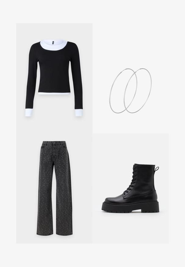 Črn dolg rokav vrh s rebrasto teksturo, z belim okroglim izrezom in manšetami. Oblika je prilegajoča in skrajšana v pasu.; Noisy May NMJANNEL LOOSE - Široke kavbojke - black denim; Črne usnjene gležnjarje z okroglo konico, vezalnim sprednjim delom in debelim gumijastim podplatom z teksturiranim profilom. Zanka na hrbtni strani.; Srebrne uhane v obliki obroča z minimalističnim dizajnom. Krožna oblika, gladka tekstura in tanek profil. Lahki s poliranim zaključkom.