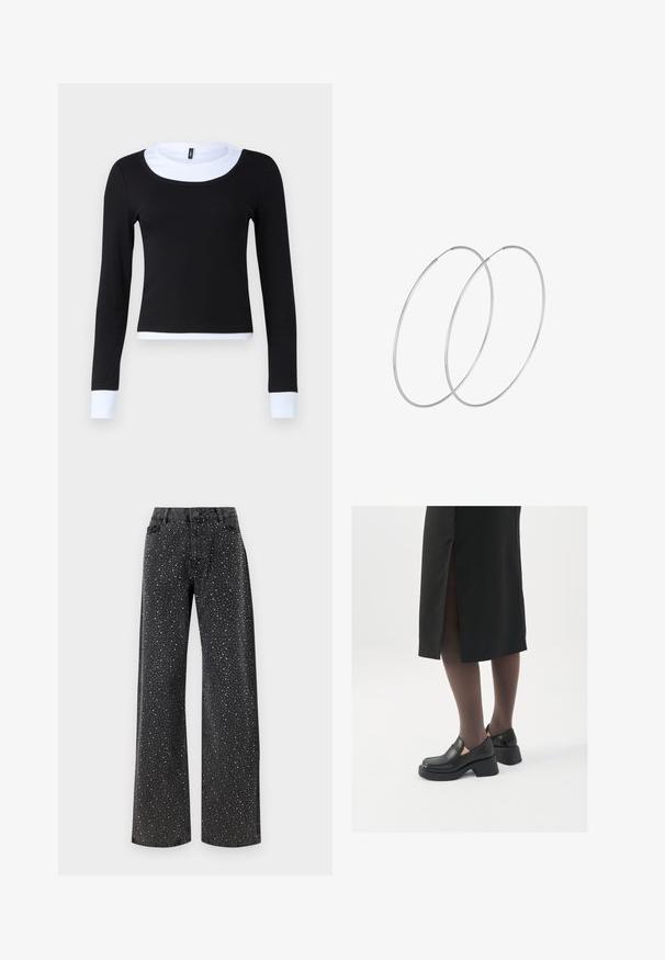Crna majica dugih rukava s rebrastom teksturom, koja ima bijeli izrez za vrat i manžete. Dizajn je prilagođen i skraćen u struku.; Noisy May NMJANNEL LOOSE - Traperice opuštenog kroja - black denim; Crne kožne cipele s zaobljenim vrhom, debelim blok petama i elastičnim bočnim detaljima, uparene s tamnim čarapama i crnom suknjom s prorezom.; Srebrne okrugle naušnice s minimalističkim dizajnom. Kružni oblik, glatka tekstura i tanak profil. Lagane s poliranim završetkom.