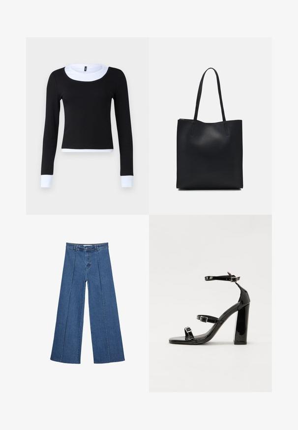 Black long-sleeve top with a ribbed texture, featuring a white crew neck and cuffs. The design is fitted and cropped at the waist.; Wide-leg denim jeans in medium blue, featuring a high waist, button closure, and contrasting vertical seam details along the front.; Black patent heeled sandals with a square toe, ankle straps, and silver buckles. Features a chunky block heel for stability.; Black leather tote bag with smooth texture, rectangular shape, and two long handles. No visible hardware or embellishments.