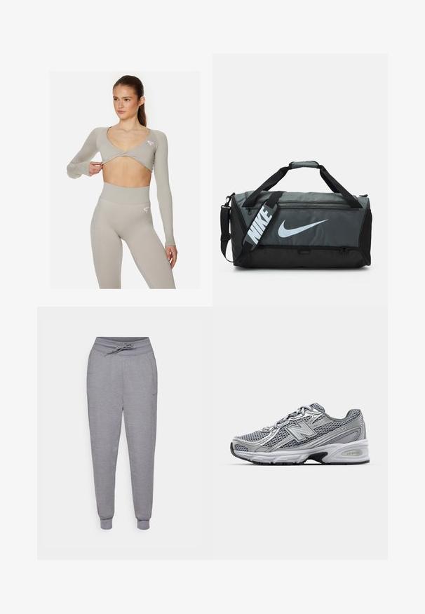 Svetlošedý krátky top s dlhým rukávom, V-výstrihom a twist dizajnom, spárovaný s vysokým pásom legín s jemnou gradientnou textúrou.; Sivé tapered tepláky s nastaviteľným pásom, elastickými manžetami a decentným logom Nike na ľavom stehne. Mäkčená, textúrovaná tkanina.; Sivá atletická topánka s častou z vrchnej časti, striebornými akcentmi, polstrovaným golierom a bielou medzipodrážkou s čiernou podrážkou.; Duffle taška Nike s tmavošedým a čiernym dizajnom, so veľkým bielym logom, dvoma rúčkami a nastaviteľným ramenným popruhom.