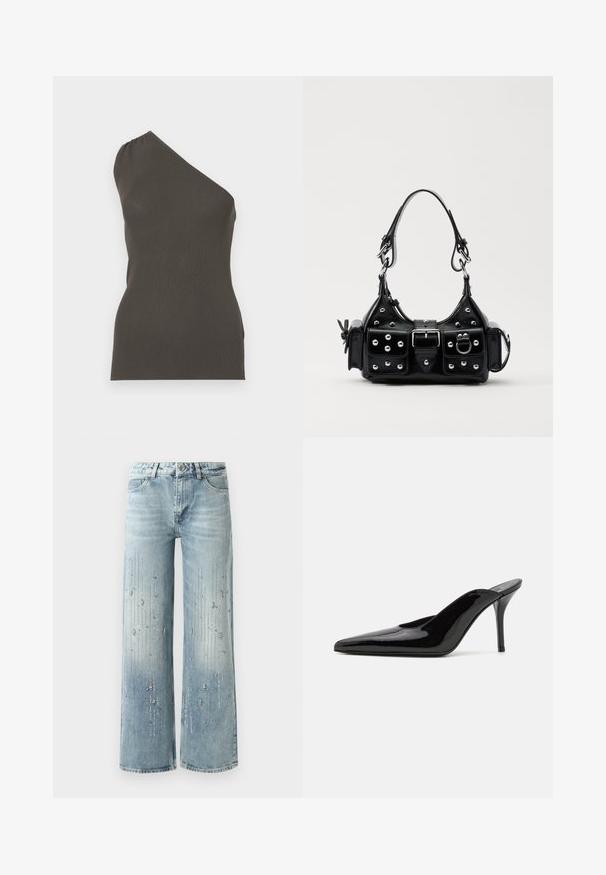 Asimetrična top z enim ramenskim trakcem v temno zeleni rebrasti tkanini, prilegajoča silhueta, brezšivne robove, z nabiranjem blizu rame.; Svetlo modri široki jeans narejeni iz denima, z gradientnim barvnim učinkom in okrasitvami iz srebrnih rhinestones v vertikalnem vzorcu.; Črne patentirane čevlje s peto, z usko silhueto in koničastim nosom, z odprtim hrbtom in vitko stiletto peto.; Črna usnjena torbica s ukrivljenim dizajnom, ki vsebuje srebrne žebljičke, zaponko in dve stranski žepki. Nastavljiv trak za različne možnosti nošenja.
