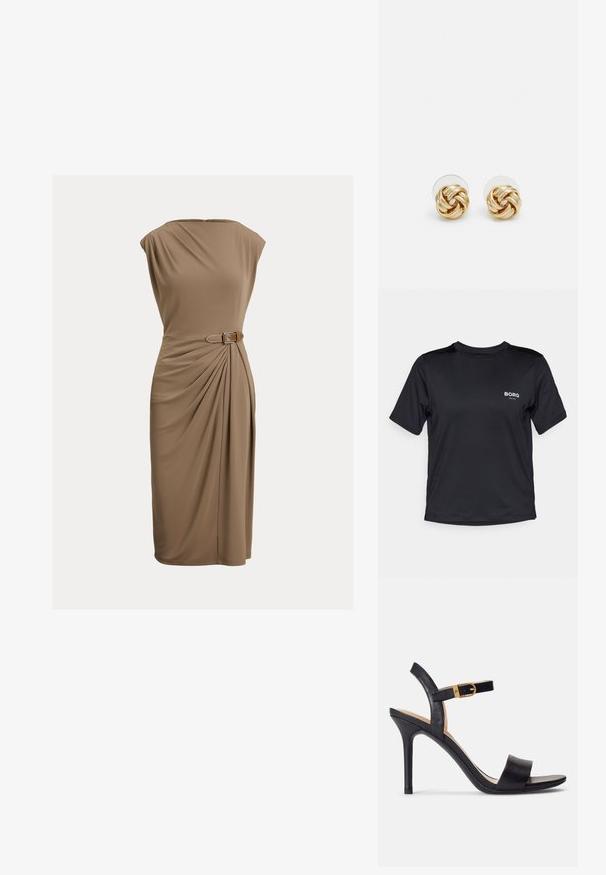Svart kortermet idretts t-skjorte laget av glatt stoff. "BORG" logo trykket i hvitt på venstre brystområde. Rund halsdesign.; Knielang, ermeløs kjole i brunt stoff; har en sidelpleat og et smalt belte med en rektangulær spenne for ekstra detalj.; Sorte høyhælte sandaler med glatt skinnoverside, åpen tå og et enkelt stroppdesign med en gullspenne som aksent.; Svart lærveske med en strukturert design, med glidelås, avtakbar stropp og detaljer i gull.; Gullfarget knute stud-øreringer med en vridd design. Hver ørering har en sirkulær klar bakside for sikker bruk.