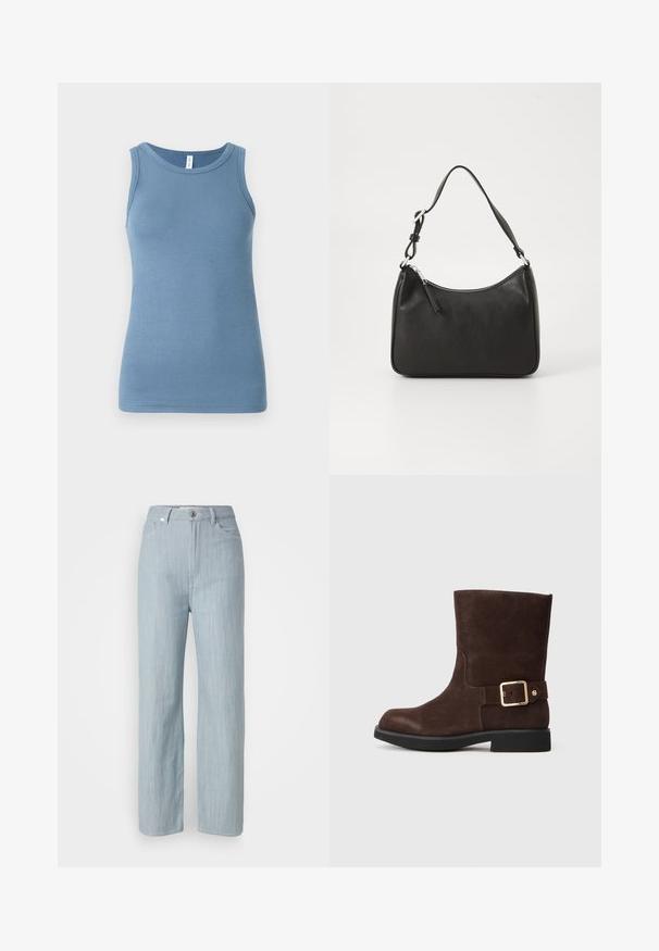 Blå ermeløs tank top laget av myk bomull, med rund hals og en tett passform. Glatt tekstur uten synlige mønstre.; Lys blå rett ben jeans laget av denim. Har fem lommer, en metallknapplukking og subtil slitasje for tekstur.; Brune semsket ankelstøvler med rund tå, flad sort sål og guldspænde på siden. Glat tekstur og enkelt design.; Svart lærveske med en buet form, en enkelt stropp, glidelåslukking og subtil merkevarebygging på forsiden. Glatt tekstur, minimalistisk design.