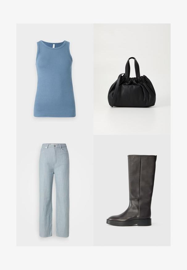 Plavi majica bez rukava izrađena od mekog pamuka, s okruglim izrezom i prilagođenim dizajnom. Glatka tekstura bez vidljivih uzoraka.; Svijetloplave traperice ravnog kroja. Imaju pet džepova, metalno dugme za zatvaranje i suptilne tragove habanja za dodatnu teksturu.; Crne kožne čizme do koljena s debelim đonom i suptilnim Calvin Klein logotipom blizu gornje ivice, prikazane sa strane.; Crna kožna torba s nabranim dizajnom na vrhu, s dva kratka ručka i dugim podesivim remenom. Glatka tekstura, zaobljen oblik.