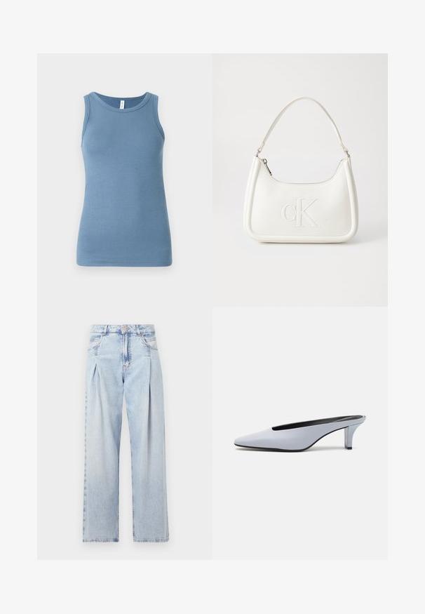 Top fără mâneci, de culoare albastră, confecționat din bumbac moale, având un guler rotund și un design ajustat. Textură netedă, fără modele vizibile.; Jeans din denim albastru deschis cu talie înaltă, croială evazată, două buzunare laterale și un design pliat. Textură moale cu un finisaj decolorat.; Mule din piele patent albastru deschis, cu vârf ascuțit, toc transparent mic și un design elegant cu un decupaj la vamp.; Geantă de umăr din piele albă cu formă curbată, având un logo "CK" embosat pe partea din față și un singur braț de umăr. Închidere cu fermoar în partea de sus.