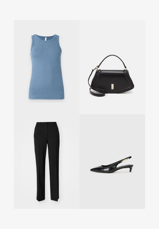 Sinine ilma varrukateta t-särk, mis on valmistatud pehmest puuvillast, omab ümmargust kaelust ja voolavat lõiget. Sile tekstuur, ilma nähtavate mustriteta.; Mustad ja sirged püksid, millel on sile tekstuur ja teravad voldid esiosas. Ilma nähtavate detailideta.; Mustad nahast slingback kontsad terava ninaga, millel on õhuke konts ja kuldse tooni aktsent reguleeritaval rihmal. Sile tekstuur.; Must mustrist käekott, millel on struktureeritud disain, lühendatud kuju, ülemine käepide ja kuldne metallist detail. Reguleeritav õlalihm on kaasas.