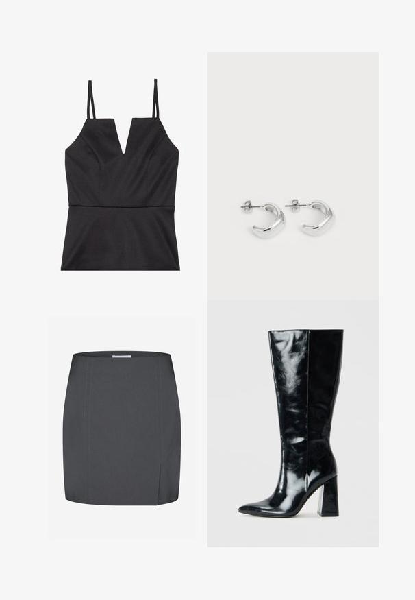 Črna brezrokavnica z V-izrezom, ki se ponaša s prilegajočim se telesom, gladko teksturo in tankimi nastavljivimi naramnicami.; Envii SPLIT - Ozko oprijeto krilo - grey; Črne škornje do kolen, izdelane iz sijajnega usnja, z ostrim nosom in masivnim geometrijskim peto z gladko teksturo.; Srebrni uhani v obliki obroča z gladko, polirano površino. Okrogla oblika s nekoliko ukrivljenim dizajnom in spojem robov. Zaponka za zaklepanje.