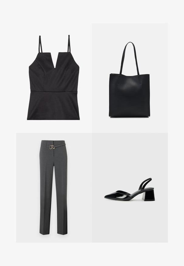 Juodas be rankovių viršus su V formos iškirpte, turintis prigludusią liemenį, lygų tekstūrą ir plonas reguliuojamas petnešas.; Tamsiai pilkos moteriškos kelnių su tiesiomis kojomis ir plonu derančiu diržu su auksinės spalvos sagtimi.; Juodos lakuotos odinės šlepetės su smailiu pirštu ir geometriniu bloko kulnu. Turi elegantišką, minimalistinį dizainą ir lygų paviršių.; Juodas odinis tote krepšys su lygia tekstūra, stačiakampio formos ir dviem ilgais rankenomis. Matomų metalinių detalių ar puošybos nėra.