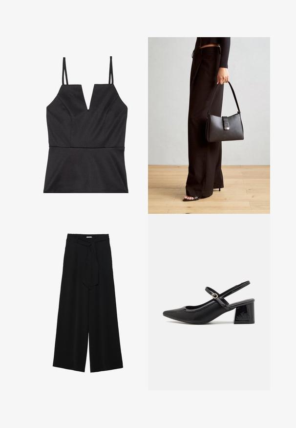 Black sleeveless top with a V-neck design, featuring a fitted bodice, smooth texture, and thin adjustable straps.; Black wide-leg pants featuring a textured fabric, an elastic waistband, and a detachable sash tie at the waist for adjustable fit.; Black patent leather slingback heels with a pointed toe, a rounded cutout design, and a block heel. Features a gold-tone buckle accent.; Black handbag with structured shape, smooth texture, and a metallic clasp. Paired with wide black pants and open-toe sandals on wooden floor.