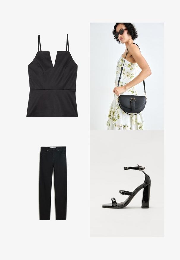 Schwarzes ärmelloses Top mit V-Ausschnitt, das einen figurnahen Schnitt, eine glatte Textur und dünne verstellbare Träger aufweist.; Schwarze Jeans mit geradem Bein, fünf Taschen, Metallknopfverschluss und dezenten Nähten. Glatte Textur.; Schwarze Lackleder-Sandalen mit hohen Absätzen, zwei Riemen mit Schnallen, quadratischer Zehenpartie und klobigem Blockabsatz, mit einer glatten, glänzenden Textur.; Schwarze Lederhandtasche mit geschwungener Form, abnehmbarem Tragegurt und goldenen Beschlägen. Die Tasche verfügt über einen Deckel mit einer Schnallen-Details.