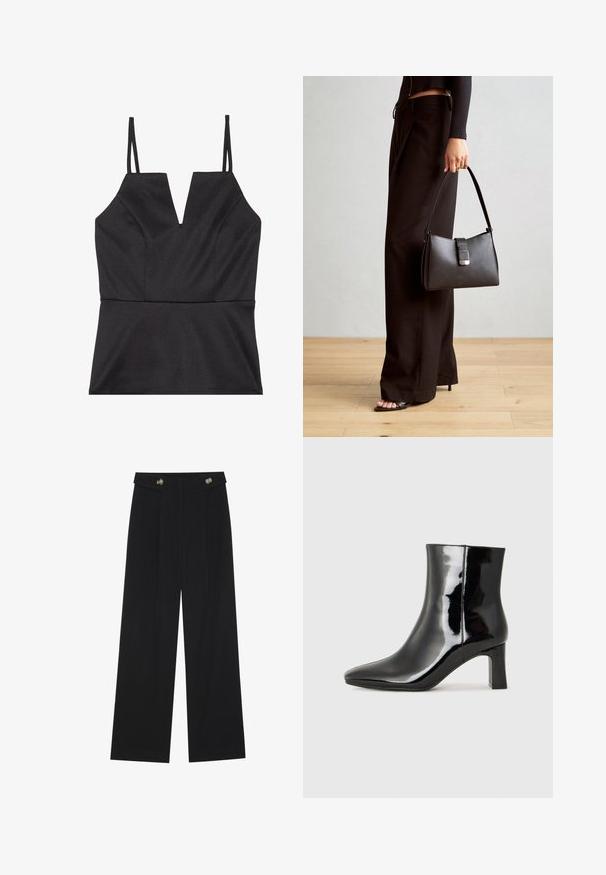 Top nero senza maniche con design a V, caratterizzato da un corpino aderente, texture liscia e spalline sottili regolabili.; Pantaloni neri a gamba larga con vita alta, dettagli con bottoni in vita e pieghe frontali.; Stivaletto in pelle verniciata nera con punta a punta e tacco a blocco di altezza media. Texture liscia e design minimalista.; Borsa nera con forma strutturata, texture liscia e una chiusura metallica. Abbinata a pantaloni neri larghi e sandali open-toe su un pavimento in legno.