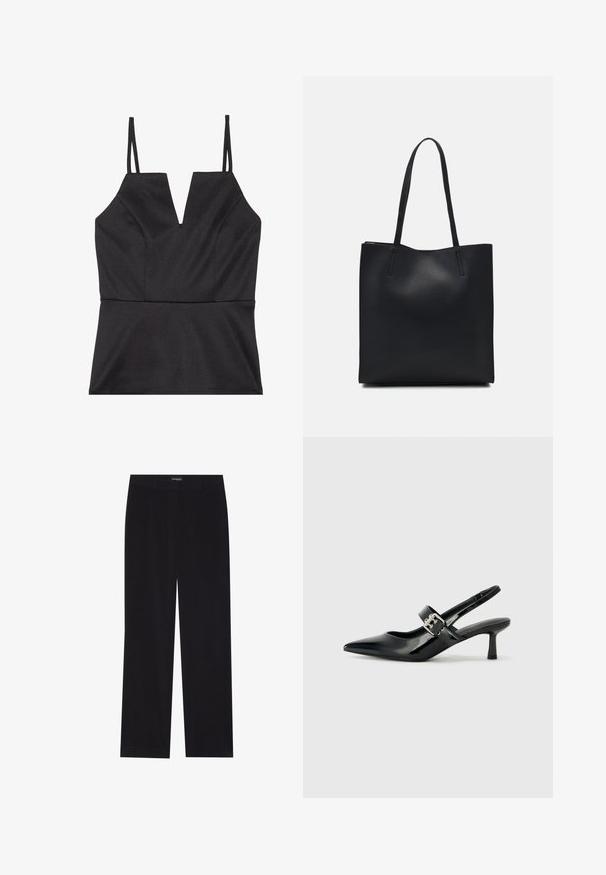 Black sleeveless top with a V-neck design, featuring a fitted bodice, smooth texture, and thin adjustable straps.; Black corduroy trousers with a straight cut, featuring a flat waistband and no visible pockets, smooth texture, and vertical ribbing detail.; Black patent leather slingback heels with a pointed toe and a small block heel, featuring a silver buckle accent on the strap.; Black leather tote bag with smooth texture, rectangular shape, and two long handles. No visible hardware or embellishments.
