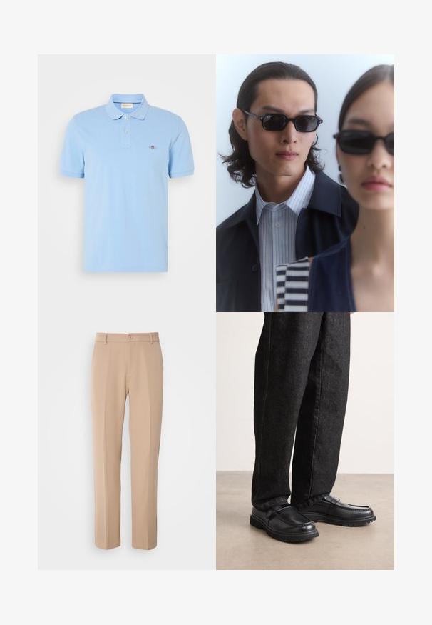 Hellblaues Polohemd aus Baumwolle mit klassischem Kragen, zwei Knopfleiste und kleinem gesticktem Logo auf der Brust.; Beige Hosen aus glattem Stoff, mit gerade geschnittenem Bein, einem vorderen Knopfverschluss und subtilen Falten entlang der Vorderseite.; Schwarze Lederschuhe mit strukturiertem Finish, ausgestattet mit einem erhöhten Nahtdesign und einer robusten Gummisohle, getragen mit dunklen Jeans.; Schwarze Sonnenbrillen mit eckigen Rahmen, getragen von einem Mann und einer Frau. Der Mann trägt ein blau-weiß gestreiftes Hemd unter einer dunklen Jacke; die Frau hat ein dunkles, gemustertes Oberteil an.