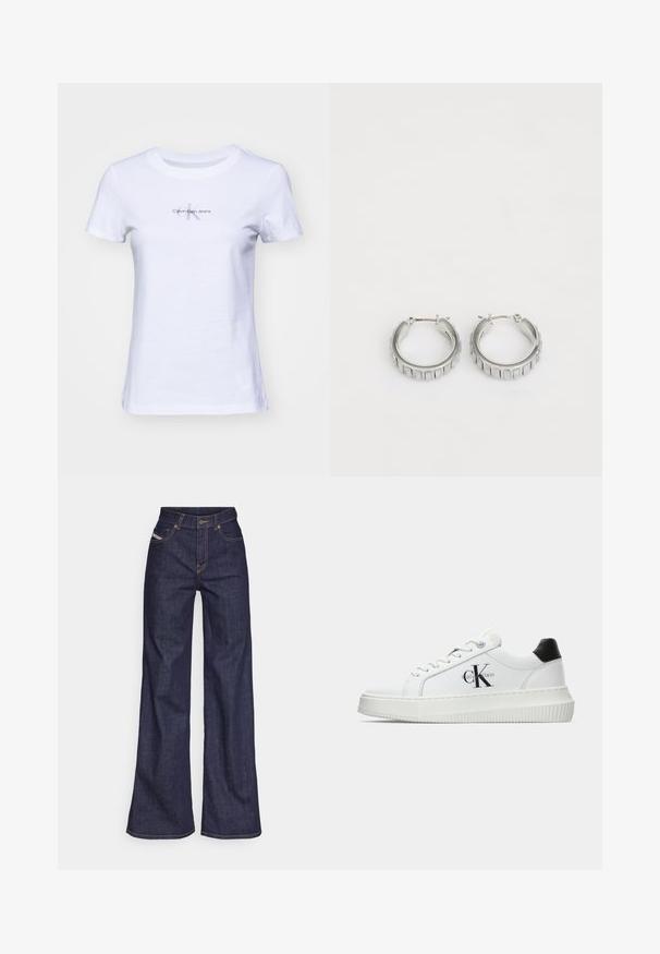 Bílý bavlněný tričko s krátkými rukávy, s malým šedým logem "Calvin Klein Jeans" na přední části. Klasický kulatý výstřih.; Tmavě modré džíny s širokým střihem vyrobené z denimové tkaniny, s vysokým pasem, oranžovým prošíváním, pěti kapsami a zapínáním na knoflík.; Bílé nízké tenisky s černým patním tabem, platformovou podrážkou, tkaničkami a logem Calvin Klein "CK" na boku.; Stříbrné kruhové náušnice s texturovaným designem a vertikálními drážkami. Kulatý tvar s pevným uzávěrem. Hladký povrch.