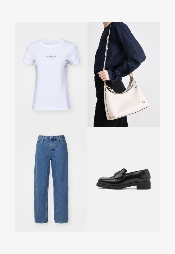 Valge puuvillane t-särk lühikeste varrukatega, mille keskel on väike hall "Calvin Klein Jeans" logo. Klassikaline ümar kaelus.; Heledad sinine teksad, kõrge vöökohaga, sirge jala disainiga, viie taskuga stiil ja veidi pleekinud tekstuur. Nööp ja rihm sulgemiseks.; Must musta nahk, millel on madal plokk-kand ja väljatöötatud varvas, ning metallist pandla detail ülal, näidatud külgprofilis valgel taustal.; Beežist nahkhandi tumedate servadega, kõver siluett, kuldne riistvara ja eemaldatav rihm, hoitakse külje peal tumeda riietuse vastu.