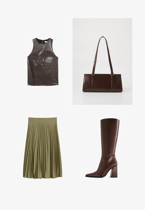 Bruin leren mouwloos top met een hoge hals, gladde textuur en een rits aan de achterkant; minimalistisch ontwerp zonder extra versieringen.; Olijfgroen midi-lengte geplooide rok met een tailleband en verborgen ritssluiting aan de achterkant.; Bruine kniehoge leren laars met puntige neus en stevige hak van middelhoge hoogte, zijaanzicht op witte achtergrond.; Bruine lakleren handtas met een rechthoekige vorm, twee lange handvatten en subtiele gebogen accenten aan de voorkant.