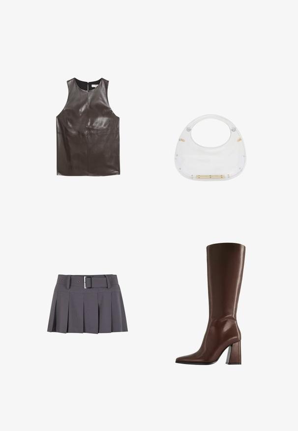 Brązowy skórzany top bez rękawów z wysokim dekoltem, gładką fakturą i zamkiem błyskawicznym z tyłu; minimalistyczny design bez dodatkowych ozdób.; Szara plisowana mini spódnica o gładkiej fakturze, z szerokim pasem, pętlami na pasek i prostokątnym srebrnym zapięciem.; Brązowy skórzany kozaki za kolano z szpiczastym noskiem i masywnym obcasem o średniej wysokości, przedstawione z profilu na białym tle.; Przezroczysta torba akrylowa z zaokrąglonym dnem i otwartą rączką. Posiada złote detale oraz gładką, wypolerowaną powierzchnię.
