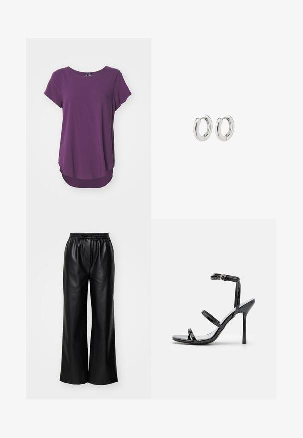 Blusa viola a maniche corte in tessuto morbido, con scollo rotondo e un orlo posteriore più lungo, caratterizzata da una superficie liscia ed uniforme.; Pantaloni wide-leg in pelle nera con vita elastica e cordoncino regolabile; texture liscia con un design pulito e minimalista.; Sandali con tacco alto in pelle verniciata nera, dotati di tre cinturini orizzontali e una cinghia alla caviglia regolabile. Silhouette elegante e finitura lucida.; Orecchini a cerchio in argento con una finitura lucida, caratterizzati da un design circolare e cerniere senza soluzione di continuità, che mostrano una superficie liscia.