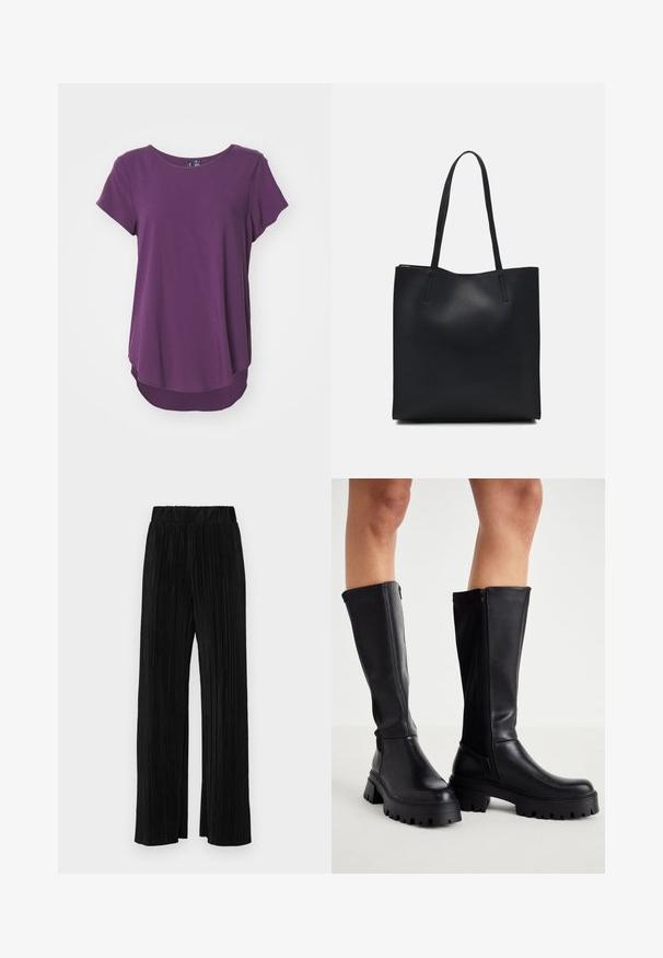 Short-sleeve purple blouse in soft fabric, featuring a rounded neckline and a longer back hem, with a smooth, even texture.; Black pleated trousers with an elastic waistband. Features wide legs and a smooth, textured fabric with vertical stripes.; Black knee-high boots made of smooth faux leather with a chunky sole, side zip closure, and a rounded toe design.; Black leather tote bag with smooth texture, rectangular shape, and two long handles. No visible hardware or embellishments.