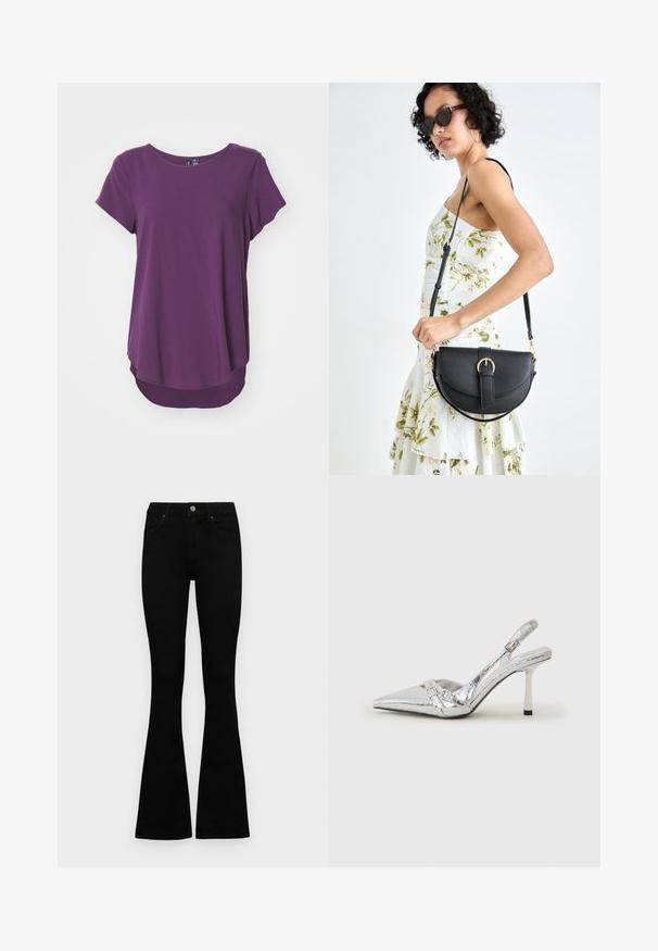 Blusa roxa de manga curta em tecido macio, com decote redondo e uma bainha traseira mais longa, apresentando uma textura suave e uniforme.; Jeans pretos de cintura alta com fecho de botão e zíper, bolsos frontais e pernas largas dispostos em cima de um fundo branco.; Sapato de salto alto slingback prateado com bico fino, acabamento metálico, duas correias decorativas e um salto esbelto com ponta preta.; Bolsa de couro preta com forma curva, alça destacável e detalhes em dourado. A bolsa possui uma aba com detalhe de fivela.