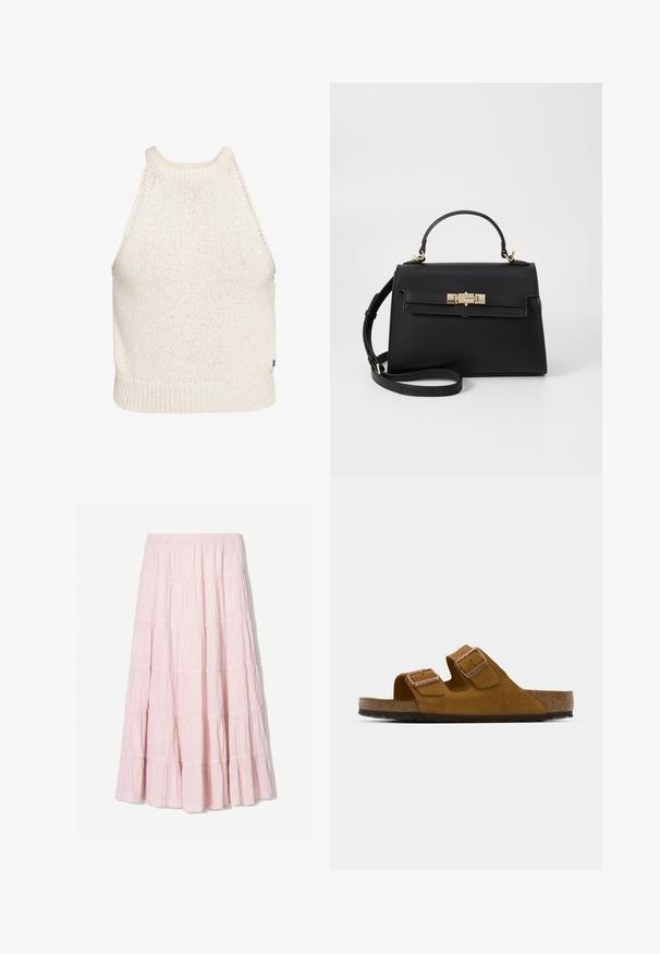 Roxy CACTUS FIELDS TANK  - Top - white; Lichtroze, gelaagde maxi-rok van een gestructureerde, lichte stof. Elastische tailleband en vloeiende zoom met ruches.; Bruine suède slide-sandaal met twee verstelbare banden, kurken voetbed en een gestructureerde rubberen zool. Minimalistisch ontwerp zonder verdere versieringen.; Zwarte leren handtas met een gestructureerd ontwerp, bovenhandgreep, afneembare schouderriem en gouden hardware. Voorzien van een sluiting met een klapsluiting aan de voorkant.