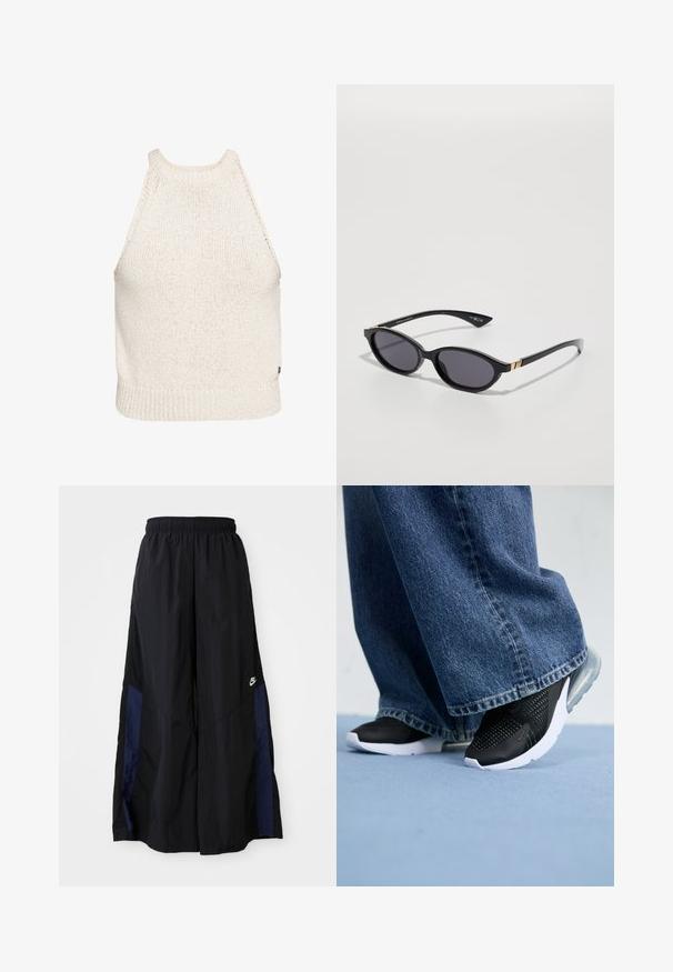 Roxy CACTUS FIELDS TANK - Top - white; Pantalones de pierna ancha negros, confeccionados en una tela ligera, con un panel lateral azul marino y una cinturilla elástica. Logotipo blanco pequeño en la parte inferior.; Zapatillas deportivas negras con detalles de malla, suela blanca y amortiguación de aire visible, combinadas con jeans de pierna ancha de mezclilla azul.; Gafas de sol negras con lentes ovalados, tinte oscuro degradado y varillas delgadas que presentan sutiles acentos dorados. Acabado de plástico suave.