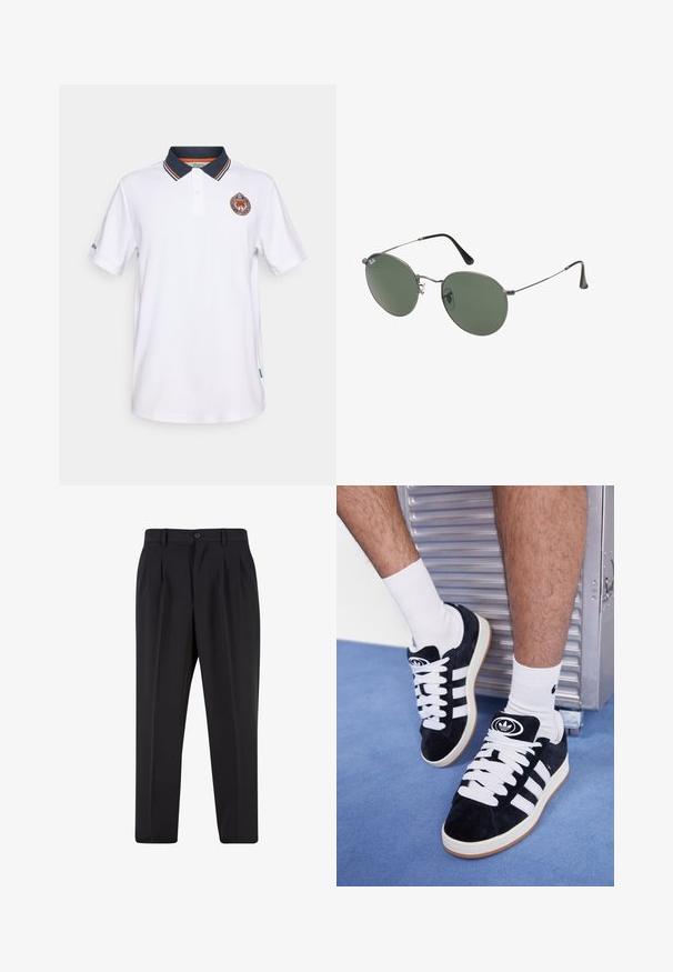 Balta polo marškinėliai su laivyno mėlynu apykakle, turintys oranžines ir laivyno mėlynas juostas bei siuvinėtą logotipą krūtinėje. Trumpomis rankovėmis. Pagaminta iš medvilnės.; Juodi kelnių su raukšlėtu priekiu dizainu, pagaminti iš lygaus audinio. Su mygtuko užsegimu ir diržo kilpomis; tiesios kojų formos.; Juodos zomšos sportbačiai su baltais raišteliais ir trimis baltais dryžiais. Ant liežuvėlio yra apvalus juodas logotipas, o pado medžiaga – guminė.; Metaliniai akiniai su ovaliais žaliais lęšiais. Plonas sidabro spalvos metalinis rėmas ir juodi ausų laikikliai. Minimalistinis dizainas, be matomų logotipų.