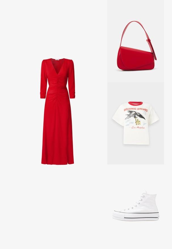 Witte katoenen t-shirt met rode ronde hals, met een grafische afbeelding van een vogel, de tekst "Rolling Stones '72" en design elementen van "LA" in verschillende kleuren.; Rode jurk met een V-halslijn, driekwartmouwen en plooidetails bij de taille en rug. De stof lijkt glad en lichtgewicht.; Witte high-top canvas sneakers met een zwarte rubberen zool, een rubberen neuskap aan de voorkant en zes gaatjes voor veters, met een schone, minimalistische uitstraling.; Rode leren handtas met een hoekig, geometrisch ontwerp. Beschikt over een enkele verstelbare schouderriem en een klepclosure met gestikte details.