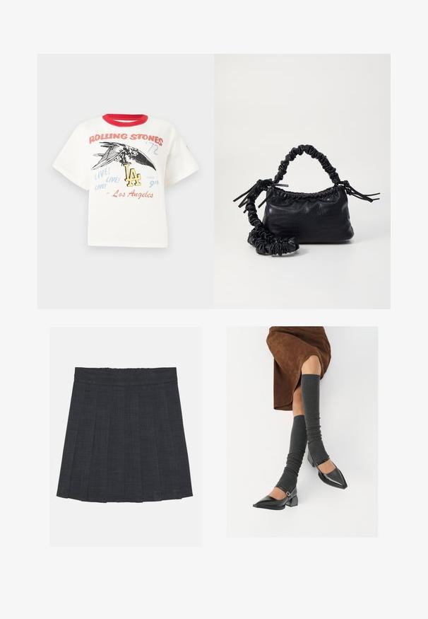 T-shirt bianco in cotone con colletto rosso a girocollo, caratterizzato da una grafica di un uccello, il testo "Rolling Stones '72" e elementi di design "LA" in vari colori.; Gonna a pieghe grigio scuro con vita elastica, caratterizzata da un tessuto testurizzato e da una classica silhouette a trapezio. Adatta per un abbigliamento casual.; Scarpe nere in pelle verniciata con punta affilata, tacco a blocco e cinturino alla caviglia, abbinate a scaldamuscoli grigi a coste e una gonna in suede marrone.; Borsa a tracolla in ecopelle nera con texture a coccodrillo, apertura cinchata e tracolla arricciata. Si presenta con un design morbido e compatto.