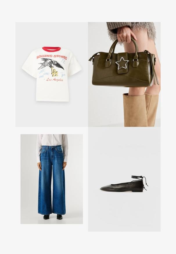 Witte katoenen t-shirt met rode ronde hals, met een grafische afbeelding van een vogel, de tekst "Rolling Stones '72" en design elementen van "LA" in verschillende kleuren.; Blauwe wijde jeans met een hoge taille, gemaakt van denim, met voorzakken en een knoopsluiting. Soepele textuur met een klassieke wassing.; Zwarte leren balletschoenen met een spitse neus, enkelbandje en platte zool, voorzien van een gladde textuur en minimalistisch ontwerp.; Olijf groen neplederen handtas met zilveren steraccent, dubbele handvatten en een ritssluiting. Gelaagd oppervlak en gestructureerde vorm.