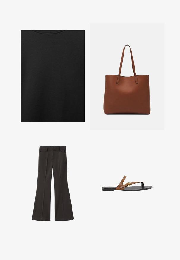 Svart bomullstyg med slät textur och rund halsringning, med ett subtilt, jämnt kornmönster. Inga synliga logotyper eller dekorationer.; Svarta utsvängda byxor med hög midja; har två framfickor och en mjuk tygtextur. Lämpliga för olika tillfällen.; Breda läder flip-flop sandal med ett guldspänne, platt svart sula och minimalistisk design, med en slät textur.; Brun läder tote-väska med en slät textur, öppen toppdesign och två axelremmar. Har minimal söm och ingen synlig metalldetalj.